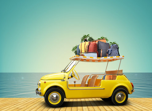 旅游和旅行，一辆带行李的黄色小车