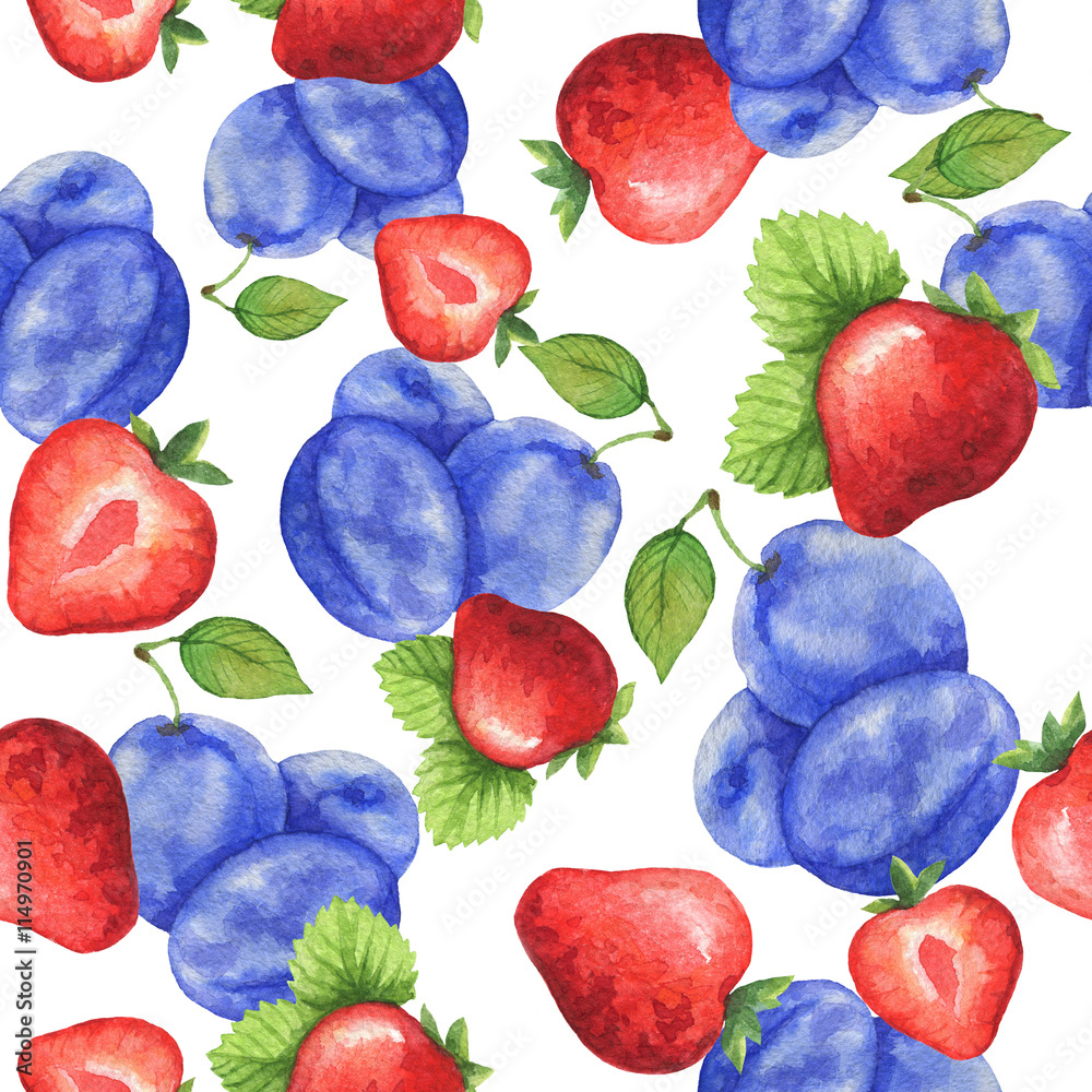 草莓和李子的水彩无缝图案。