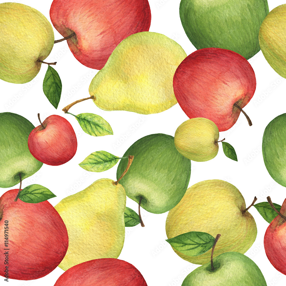 Watercolor seamless pattern with fresh apples and pears.