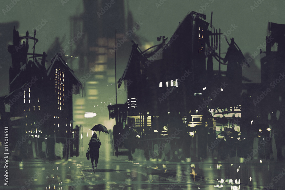一个撑着雨伞的男人在黑暗的城市里行走，插图绘画