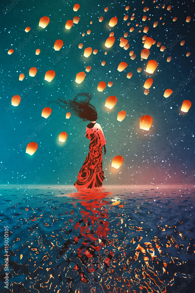 穿着连衣裙的女人站在水面上，对着漂浮在夜空中的灯笼，插图画