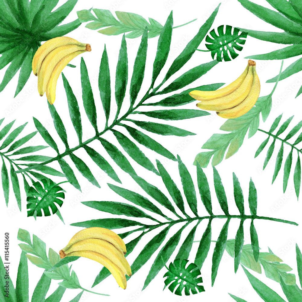 水彩无缝图案，带有新鲜香蕉和热带树叶。
