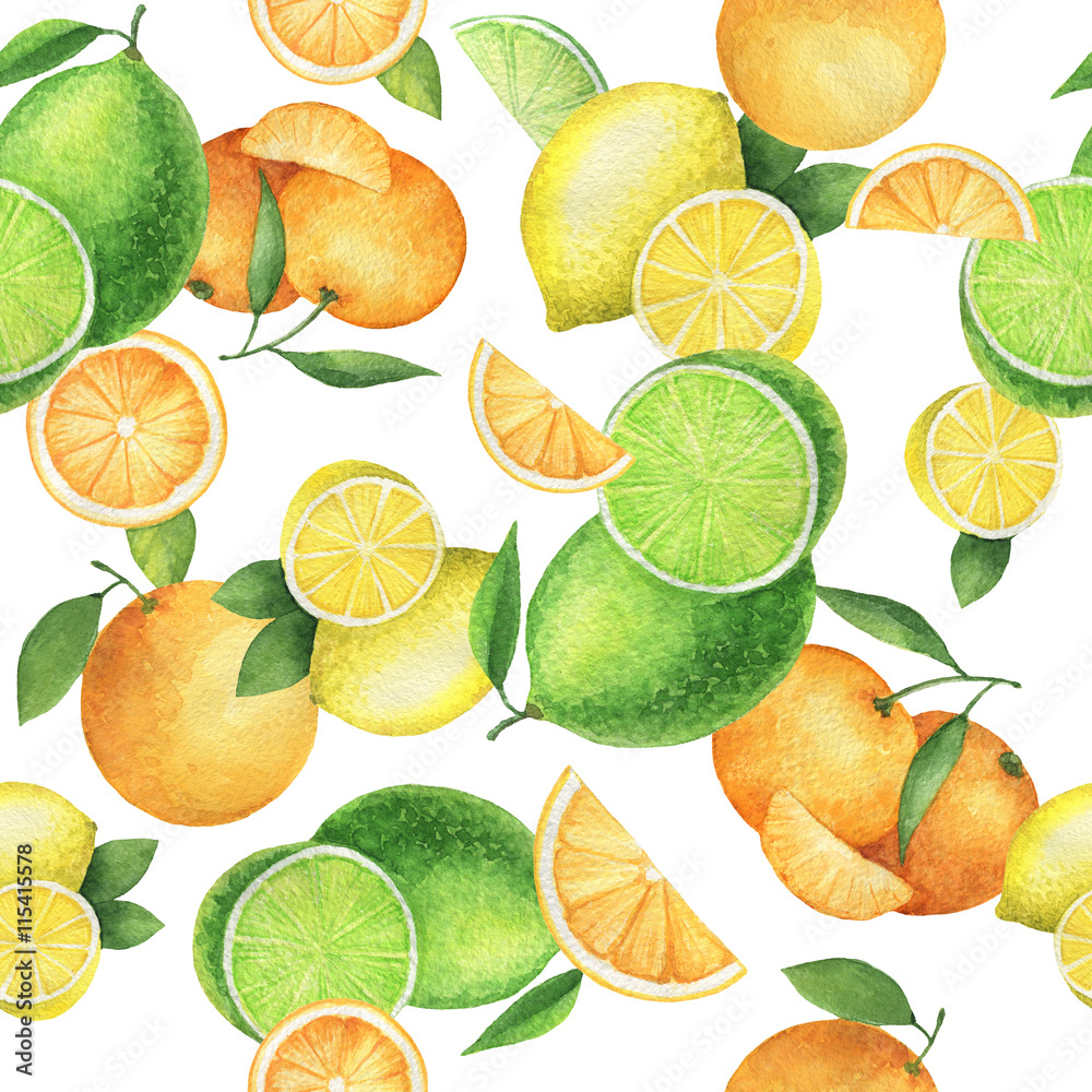 水彩画无缝图案，有多汁的橙子、柑橘、柠檬和酸橙。