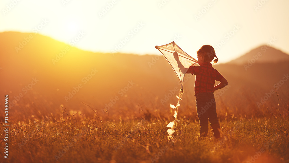 夏日草地上带着风筝的快乐小女孩