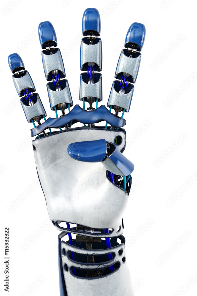 Hand of robot showing numbers. Isolated on white background. 3D illustration.