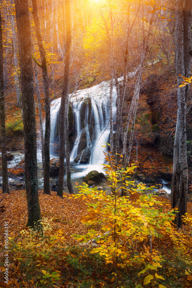 日落时分，秋林中的山河瀑布。