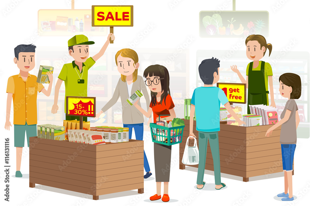 人们在购买打折的蔬菜产品。夏季大减价。超市促销活动
