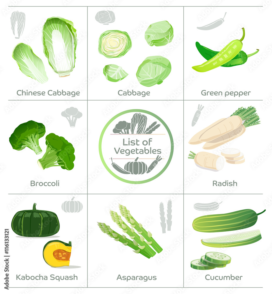 超市和图标矢量销售的受欢迎蔬菜示例列表。