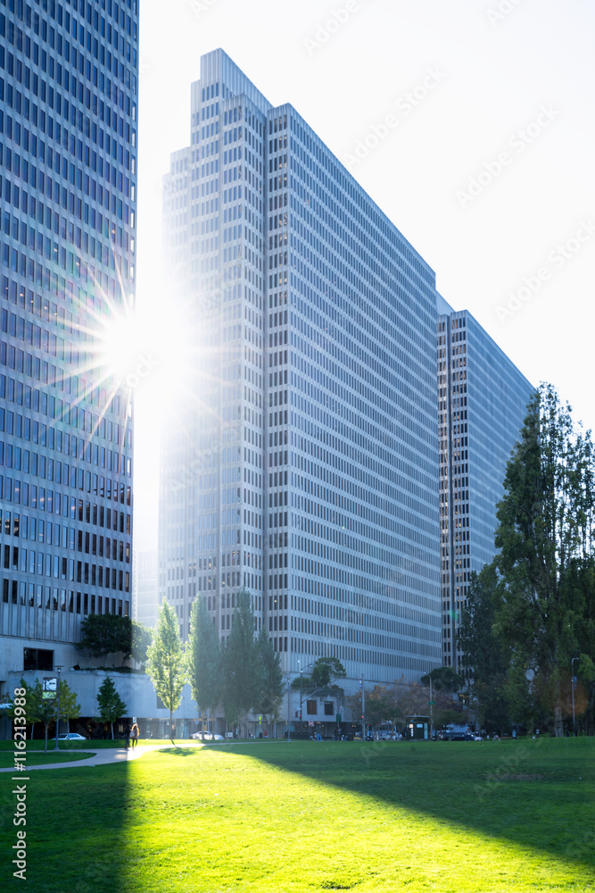modern office buildings with sunbeam in san francisco