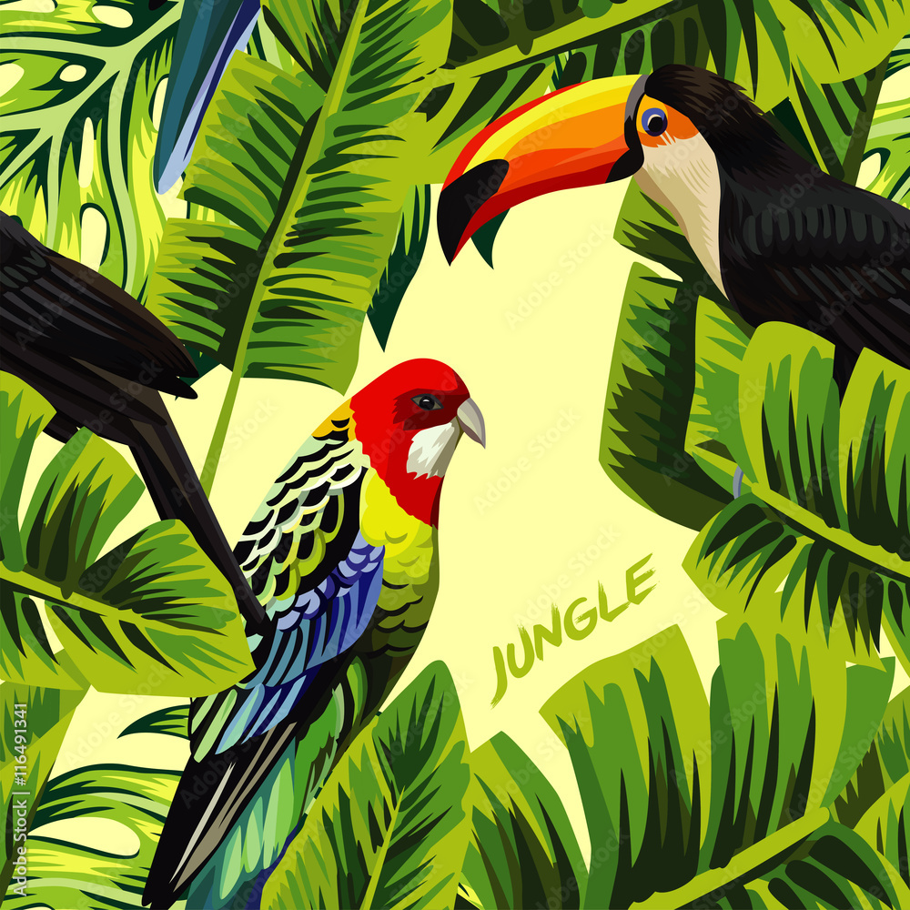 热带鸟类巨嘴鸟和五彩鹦鹉在棕榈香蕉叶的黄色背景上，上面写着ju