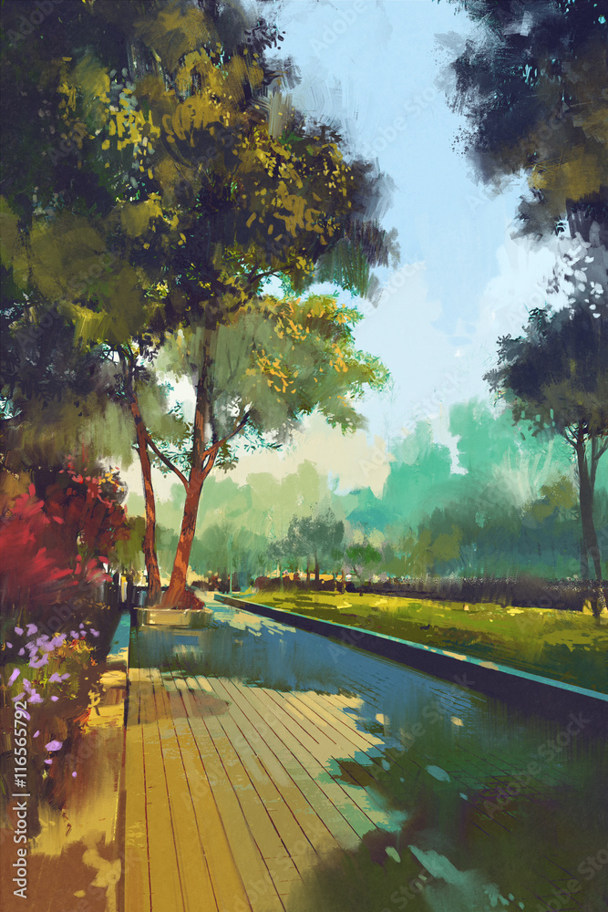美丽花园的绘画，城市中的公园，插图