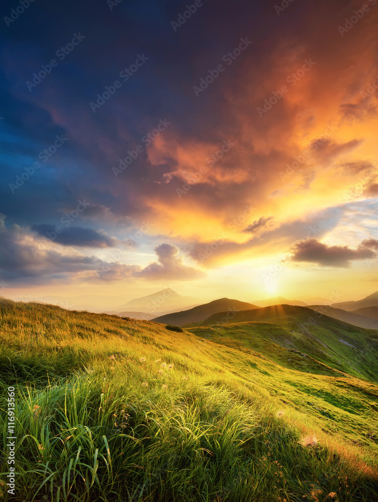 日落时的山野。夏季美丽的自然景观