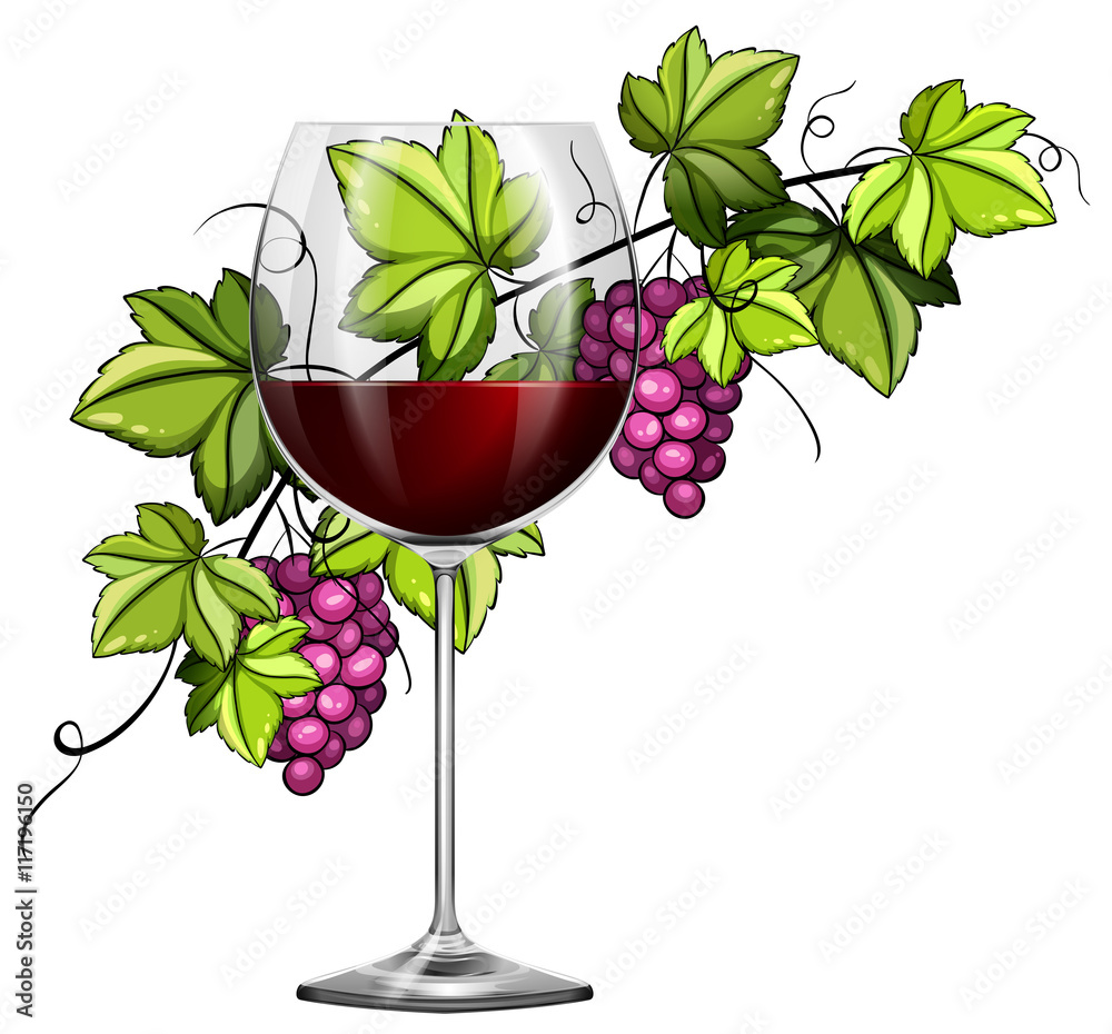 玻璃杯中的红酒和背景中的葡萄