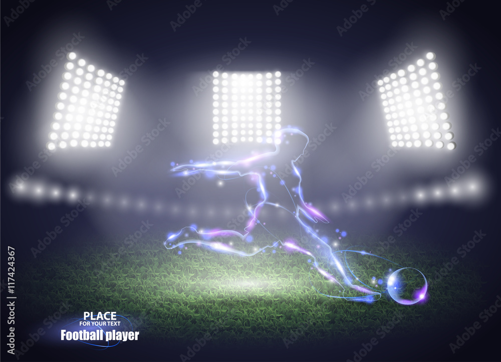 Stadium lights. Motion design. Football player, kick a ball. Vector illustration.