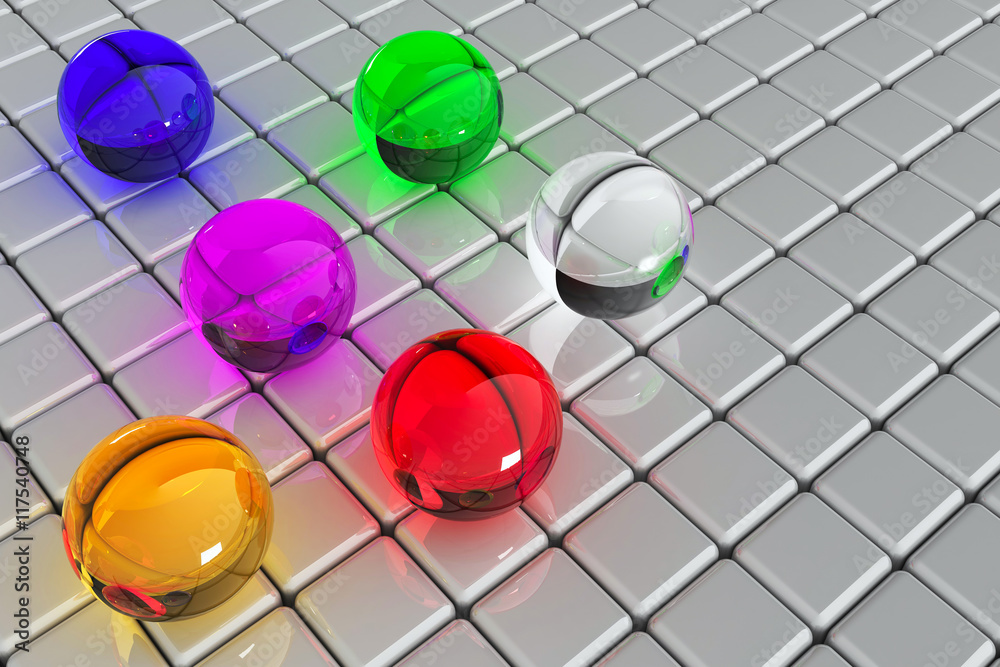 立方体和彩色球抽象背景，三维渲染