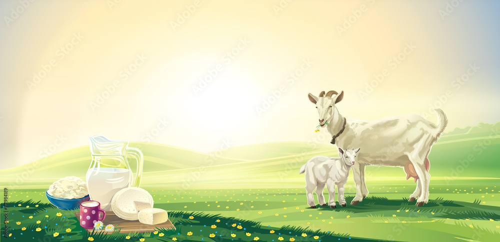 黎明乡村景观，山羊、小孩和乳制品。光栅插图。