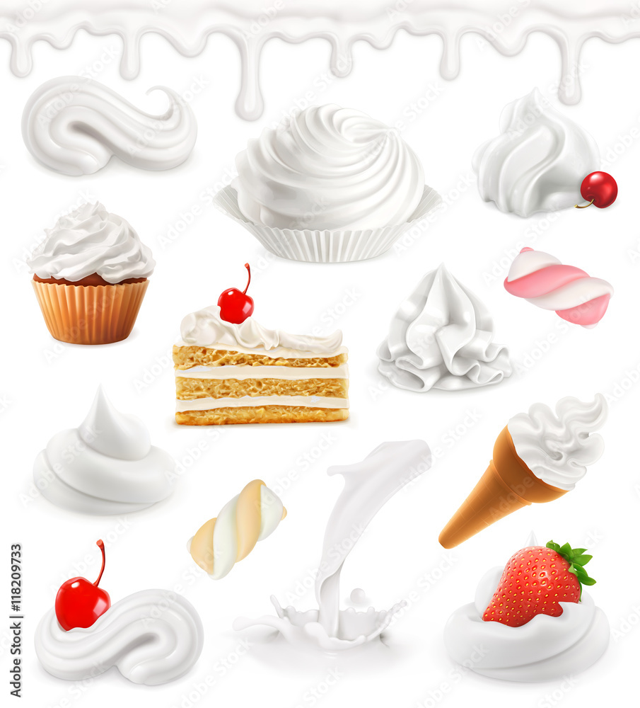 Whipped cream, milk, ice cream, cake, cupcake, candy. Sweet 3d vector icon set