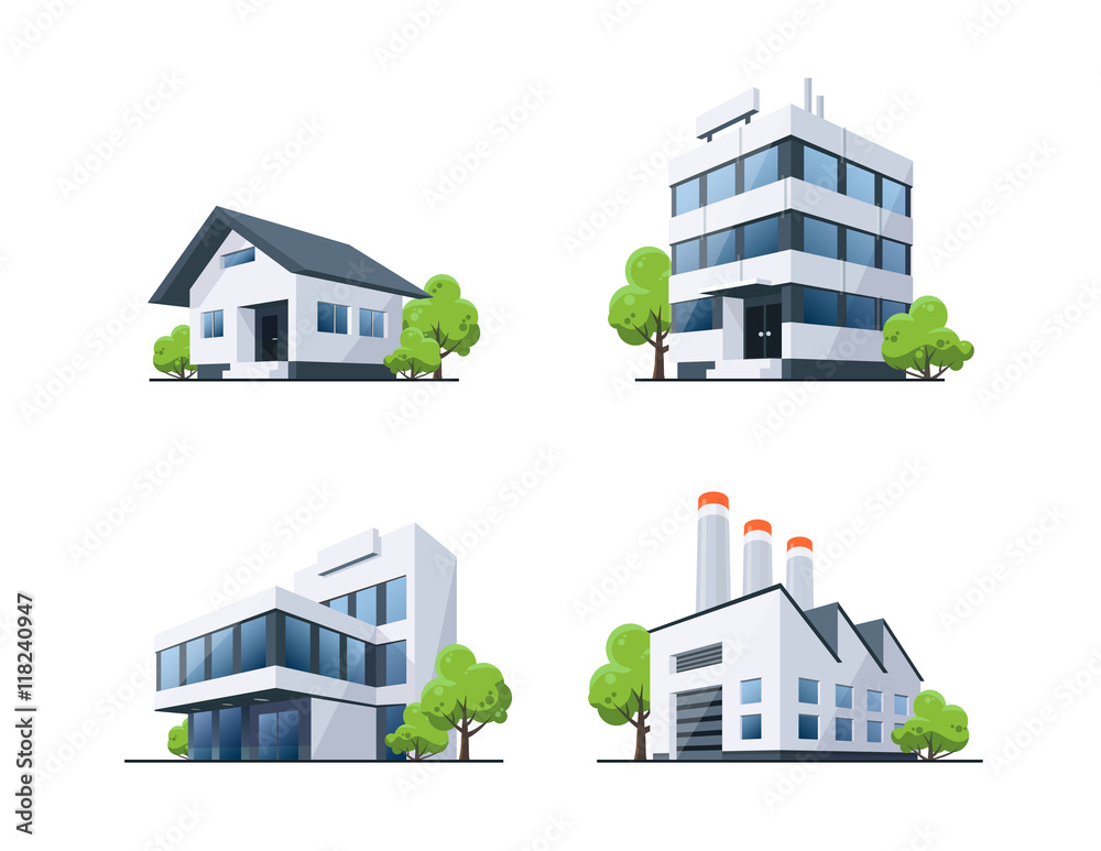 一套四种建筑类型带树木插图