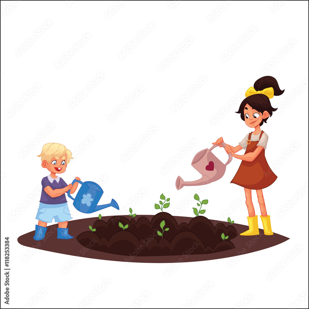Kids watering plants in the garden, cartoon style vector illustration isolated on white background. 