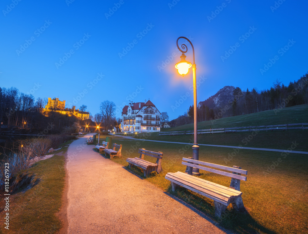 德国夜晚带路灯的漂亮长椅。