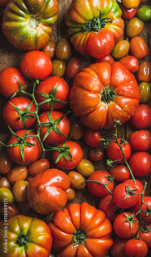 不同大小和种类的彩色番茄，俯视图，垂直