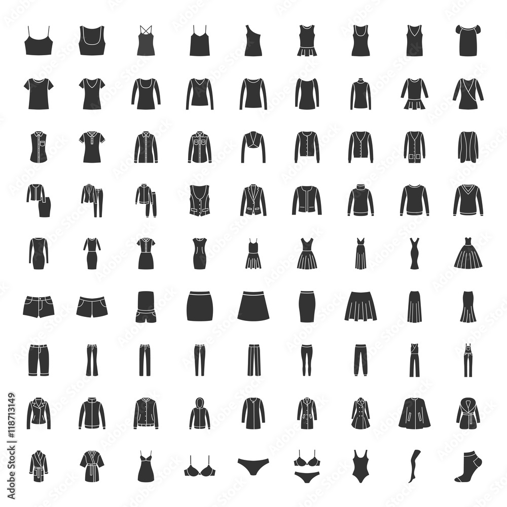 Black clothes icons. Vector set icons of clothes for men and women