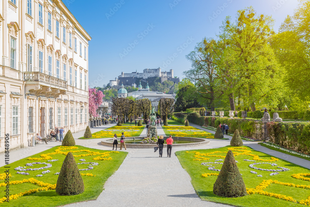 Mirabell Gardens with Hohensalzburg Fortress in Salzburg, Austria