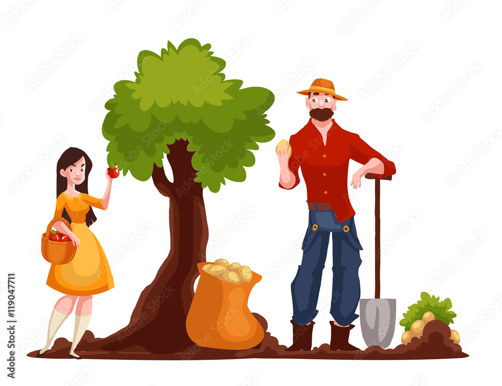 Man harvesting potato and woman picking apples, cartoon style vector illustration isolated on white 