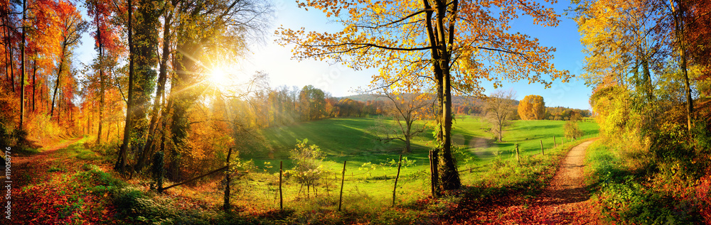 Zauberhafte Landschaft im Herbst: sonniges Panorama von ländlicher Idylle