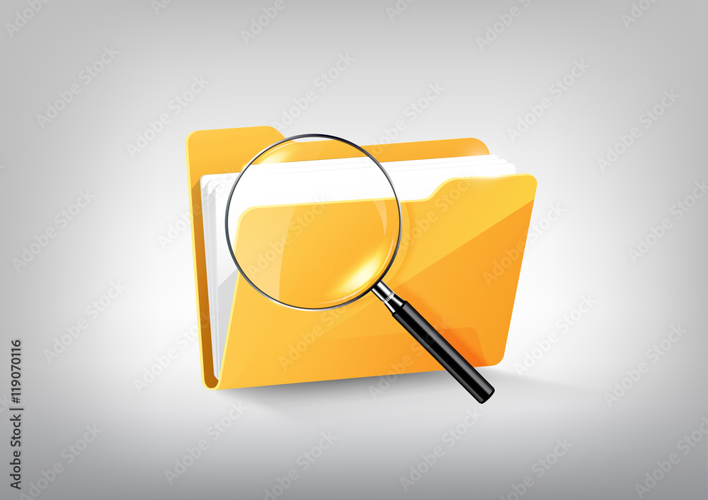 黄色文档文件夹目录图标白灰色透明v上的隔离放大玻璃