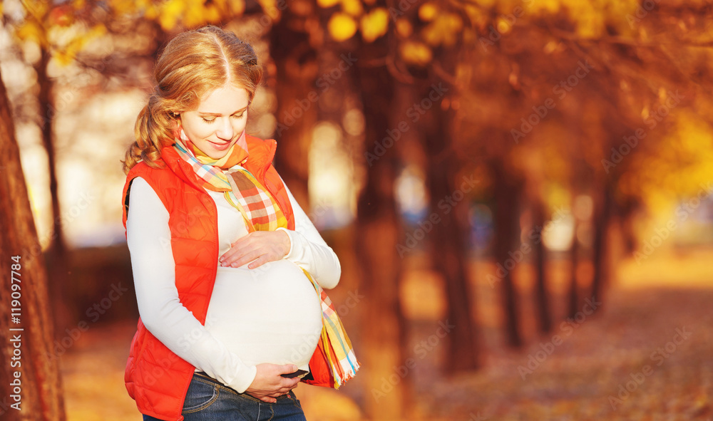 Happy pregnant woman on autumn walk