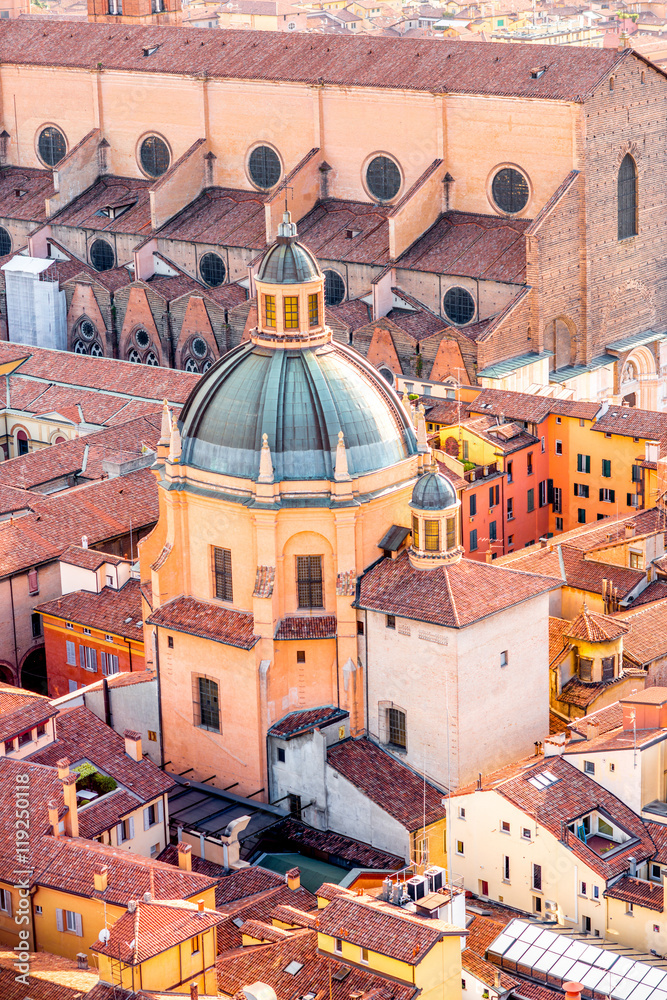 从博洛尼亚老城的塔楼俯瞰意大利圣玛丽亚教堂的城市景观