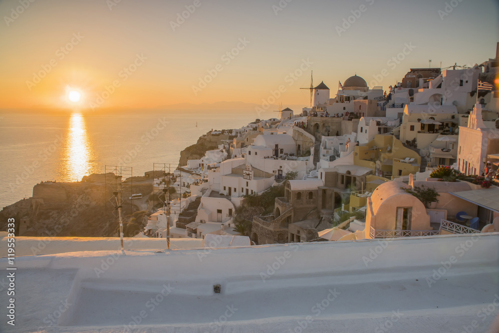 the beautiful sunset in Santorini Greece, sea, sunset, white Greek houses in the evening