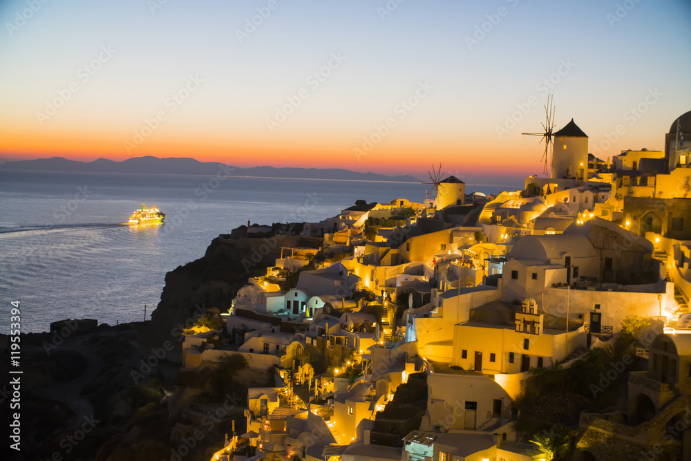 beautiful night in Santorini Greece, sea, sunset, white Greek houses in the evening