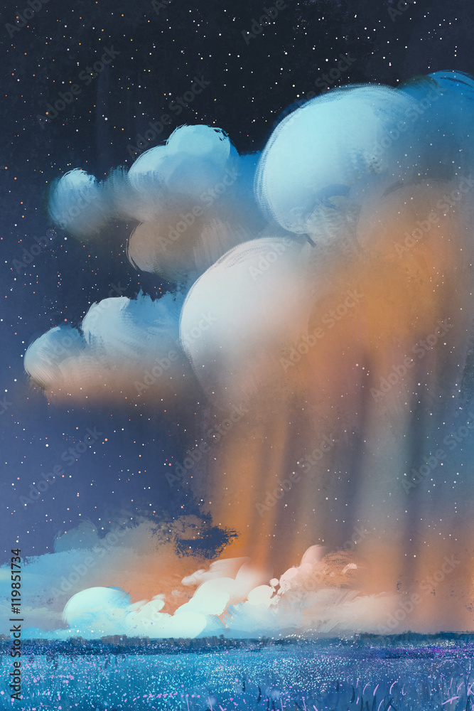 田野上空大积雨云的夜景，风景，插图画