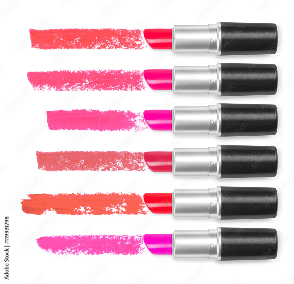 set of colored lipsticks with trace on white background
