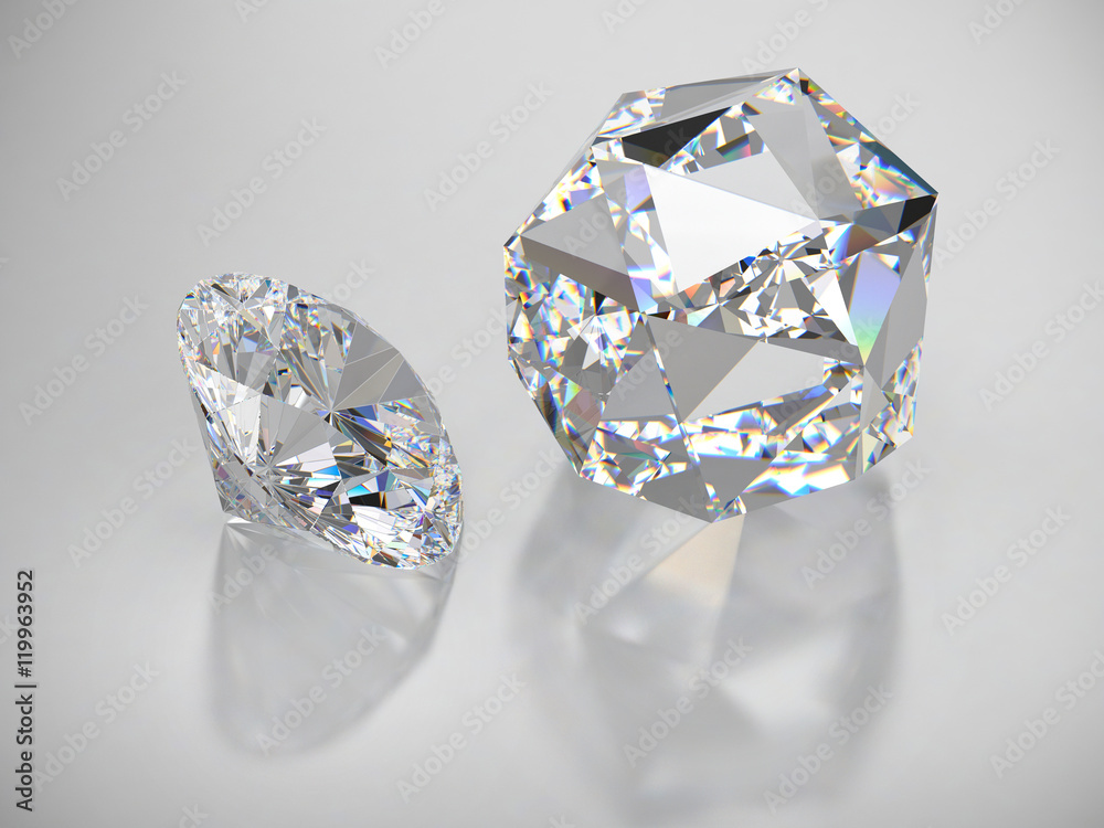 放置在反射背景上的钻石和宝石，3D