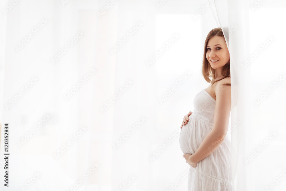 gentle elegant pregnant woman in a white dress