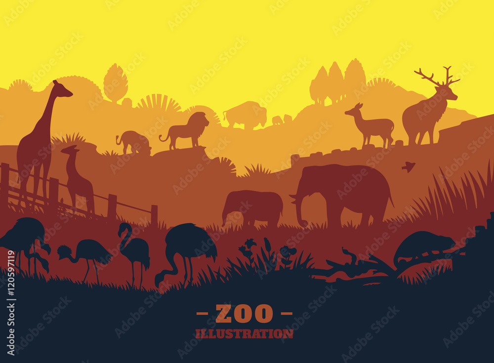 动物园世界插图背景，彩色轮廓元素，平面