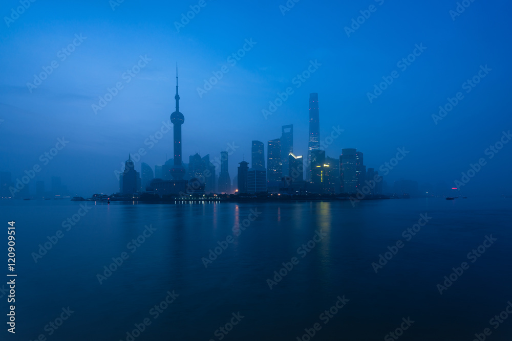 Shanghai city at morning in foggy day in Shanghai, China.