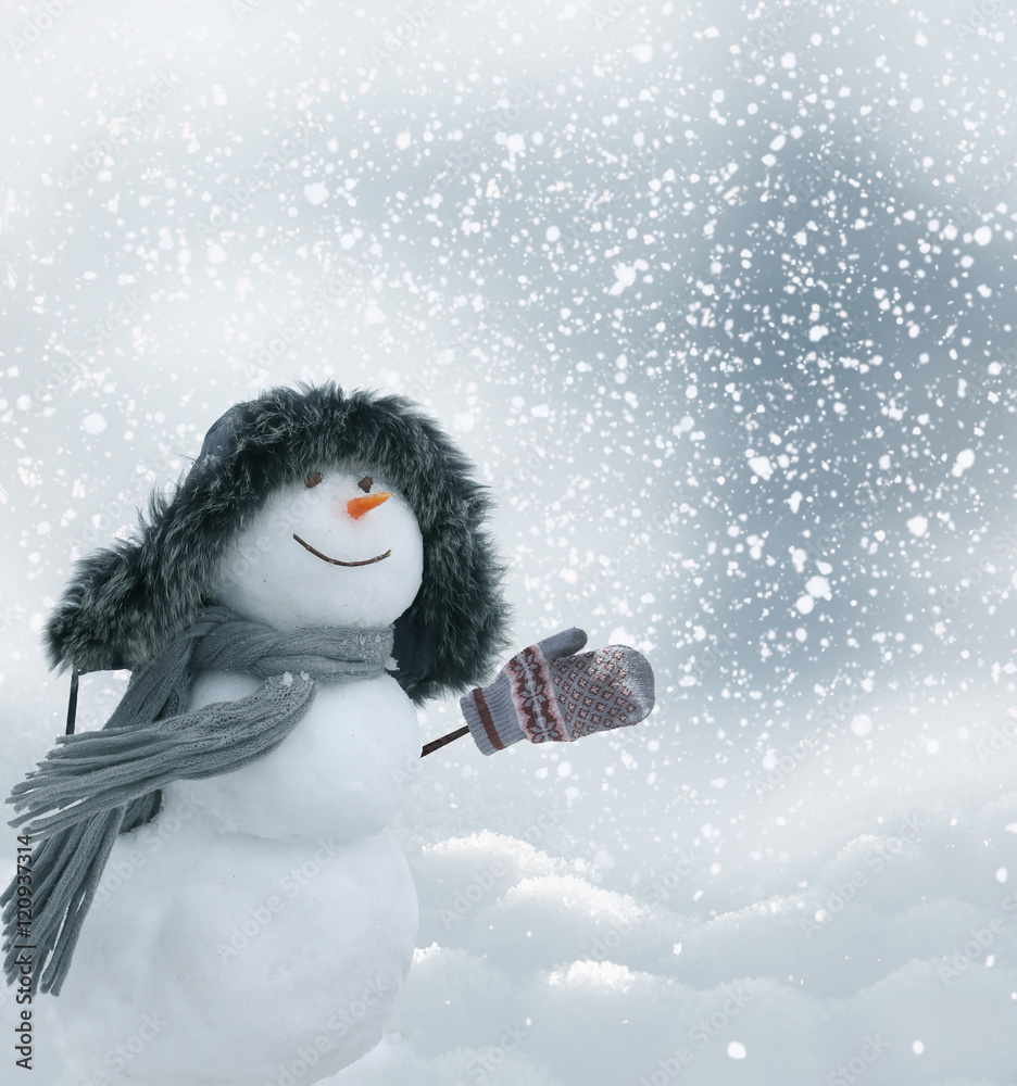 快乐的雪人站在冬季的圣诞景观中