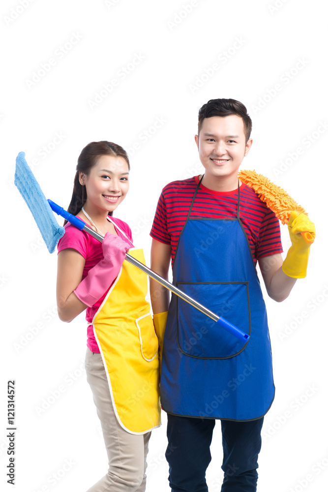 家政服务团队。亚洲家庭清洁人士。