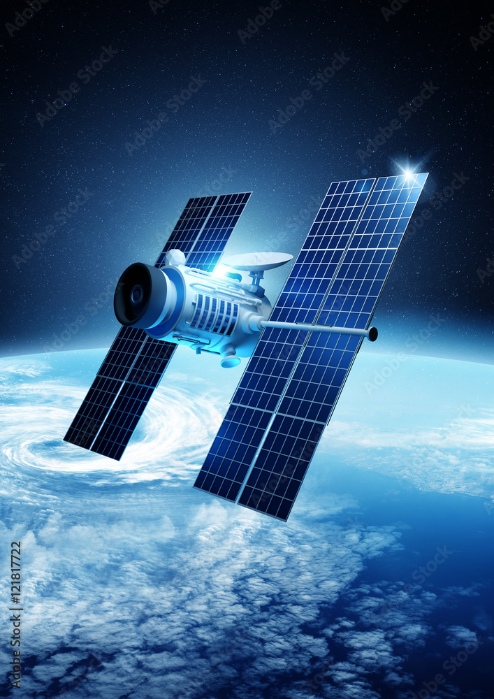 一颗围绕地球运行的现代卫星。3D插图。