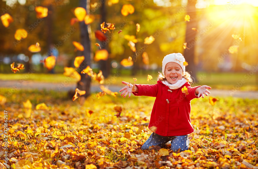 快乐的小女孩笑着玩秋天的树叶