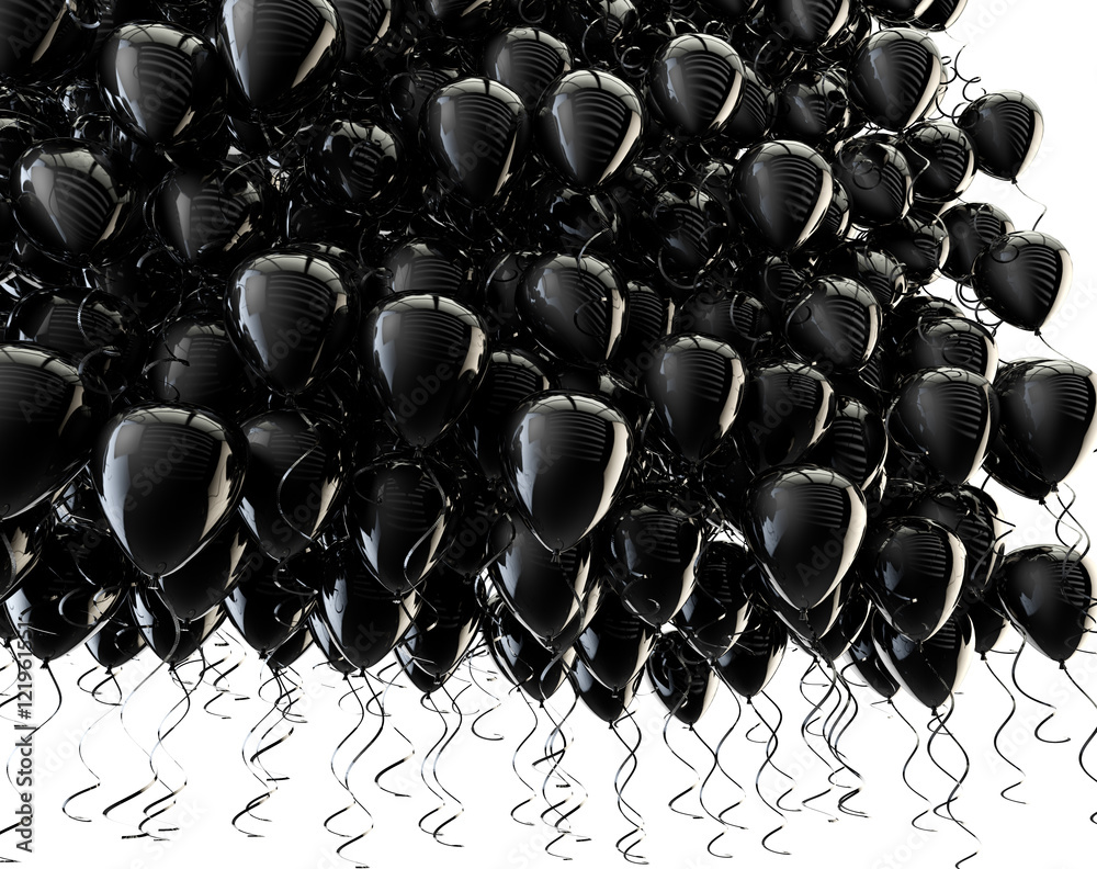 Imagen 3D fodo de globos negros aislados en blanco。庆祝活动和狂欢节。嘉年华和活动
