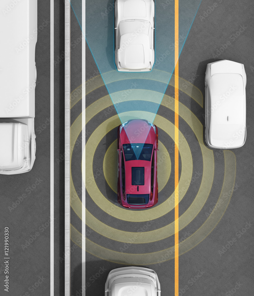自动刹车、车道保持功能的概念图。3D渲染图像。