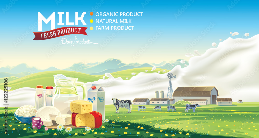 牛奶飞溅背景下的一套乳制品的静物，以及农田里的乡村l