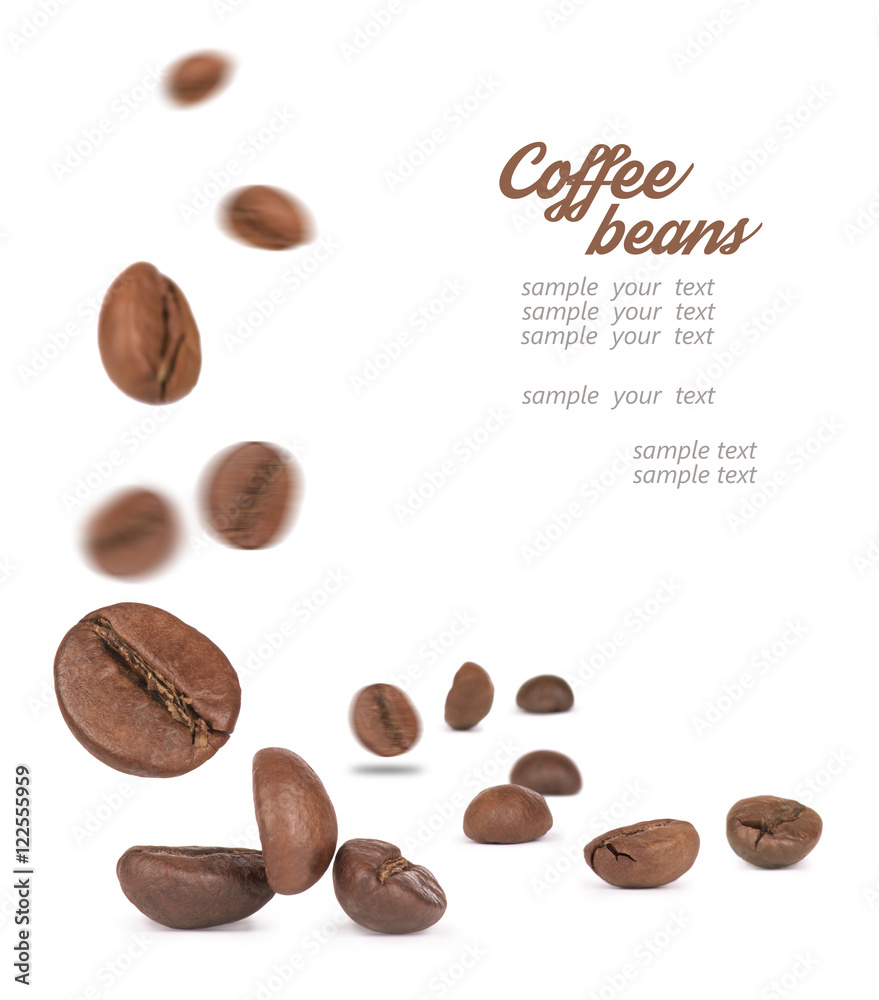 coffee beans falling down on a white background