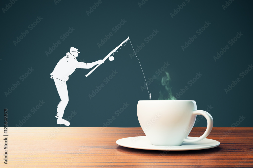 咖啡杯里钓鱼的男人剪影