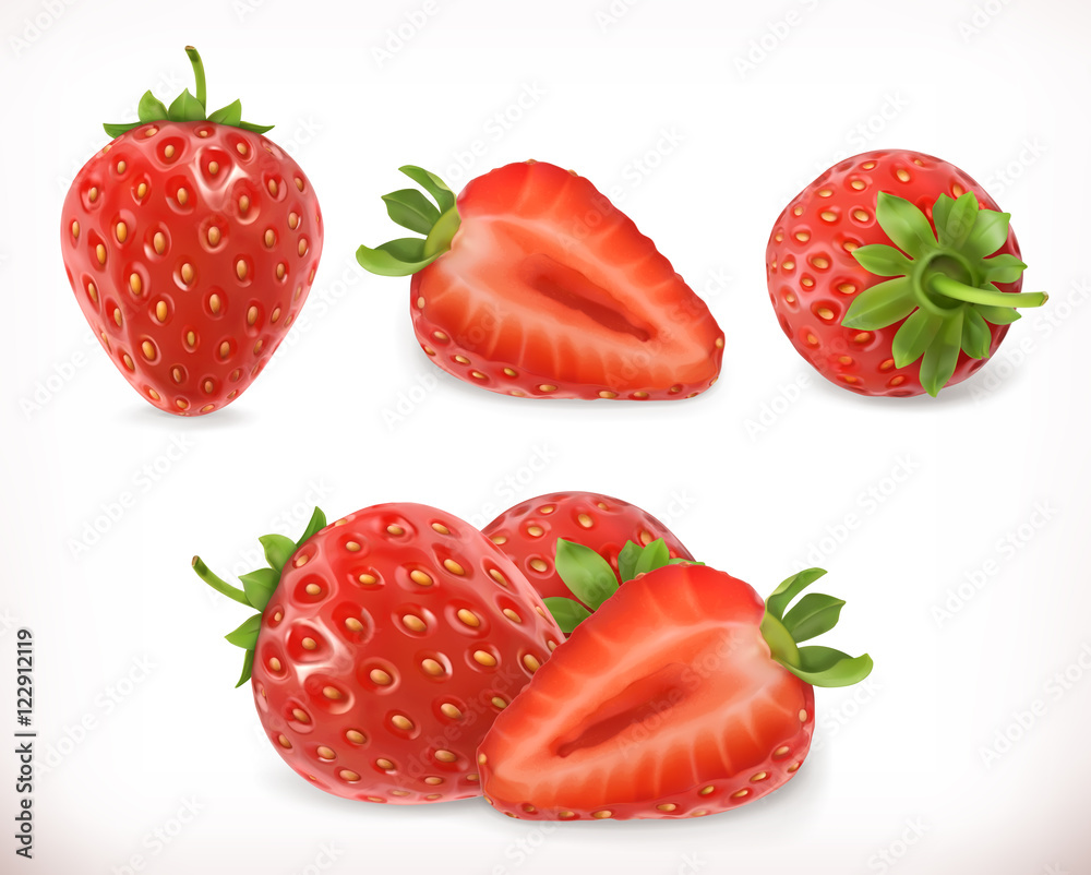 草莓。甜水果。三维矢量图标集。逼真的插图